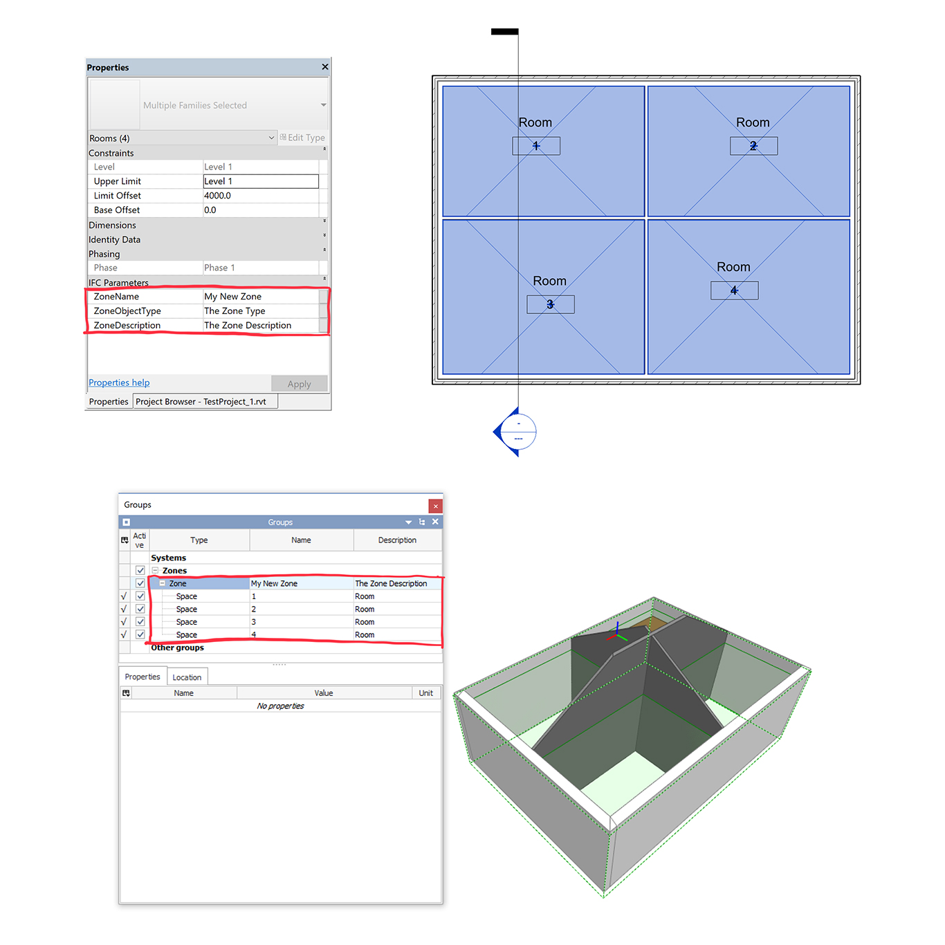 The exported IfcZones from the rooms